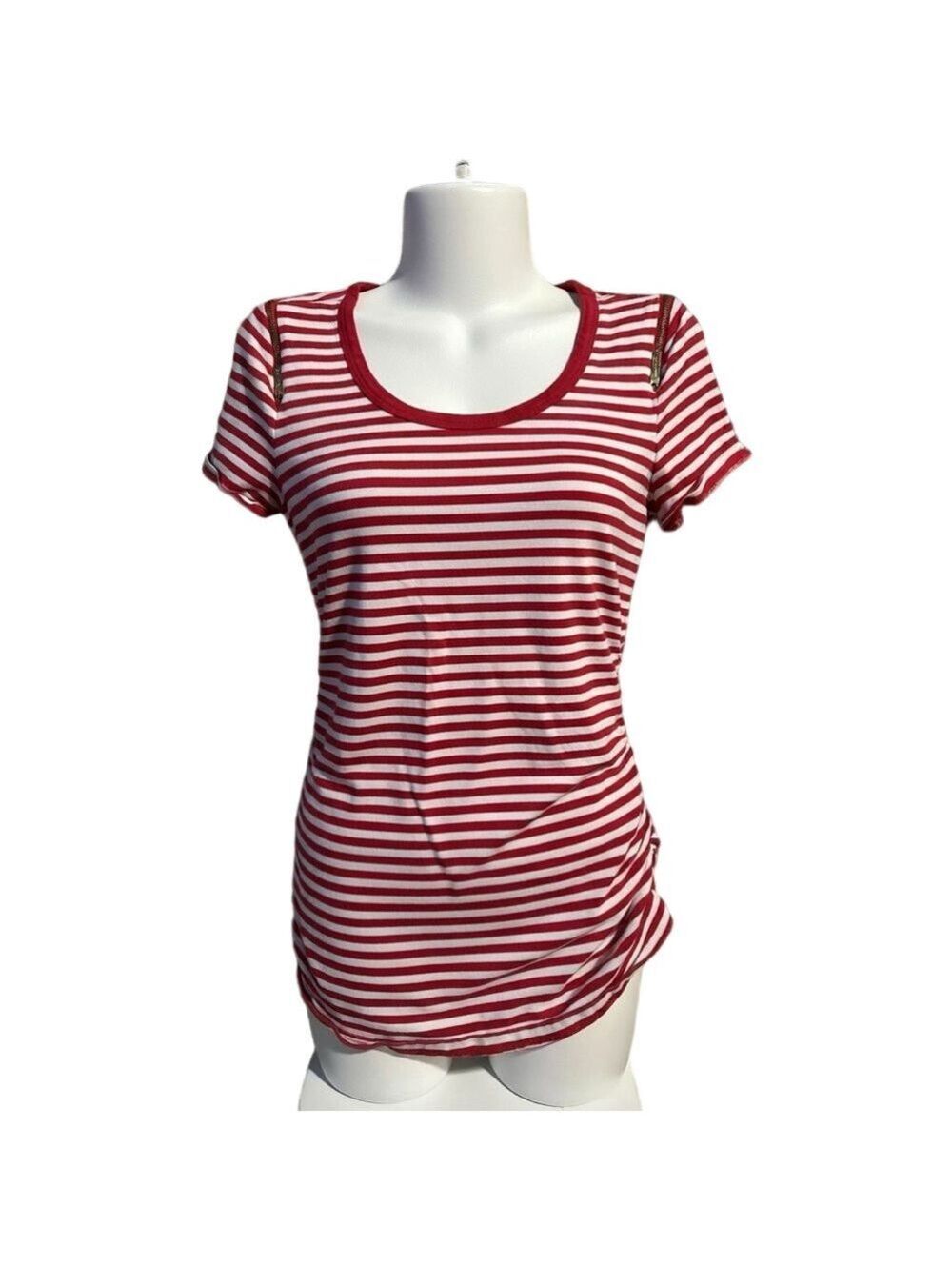 Michael Kors Red Striped Zippered Ruched Short Sleeve Cotton Tee Sz Amall